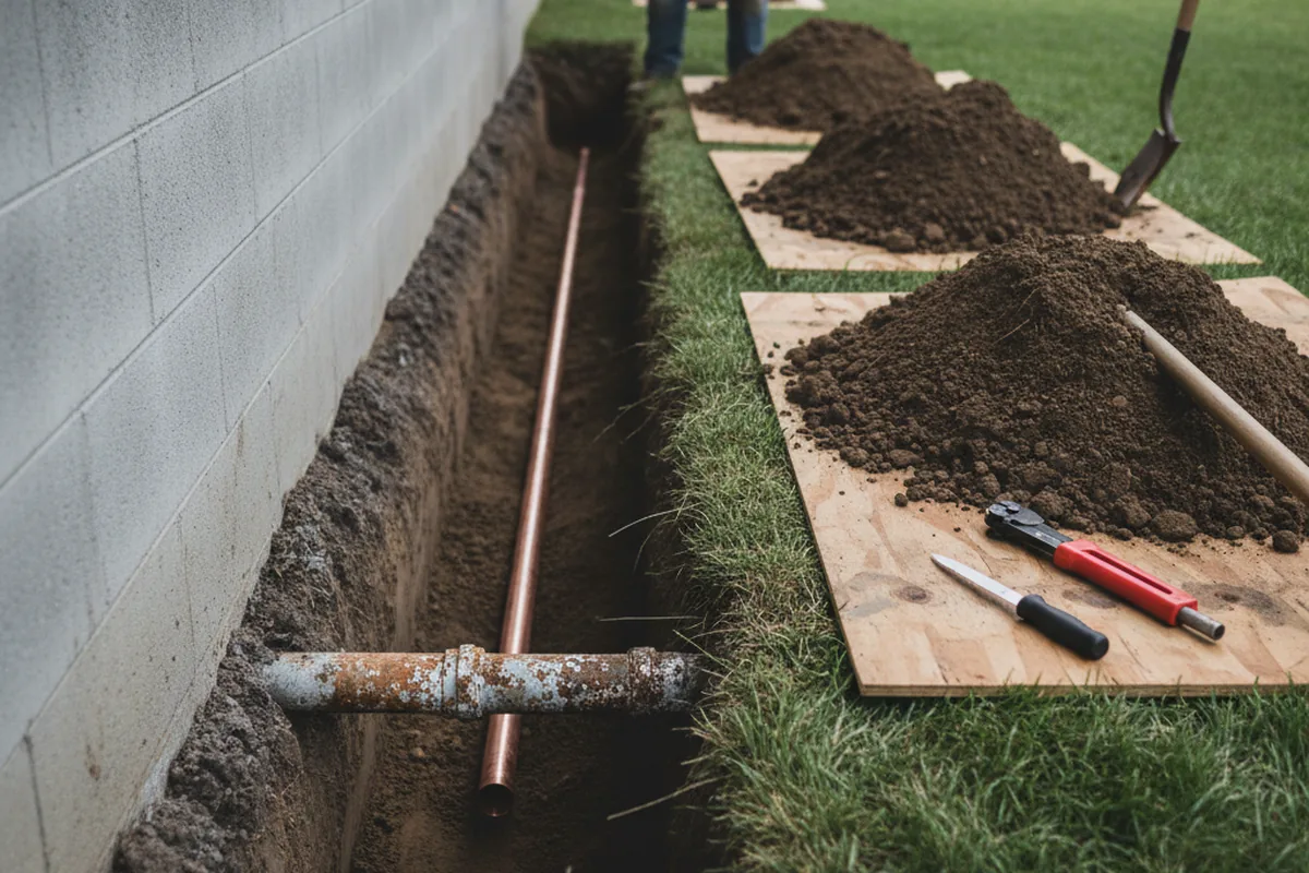Excavated water line trench during Water Heater Repair in Outlook